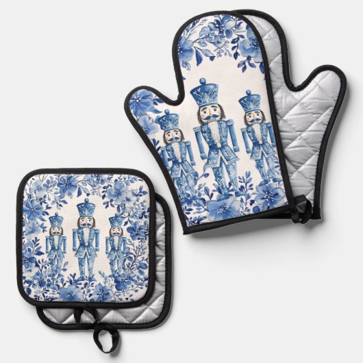 Chinoiserie Blue White Floral Christmas Nutcracker Ofenhandschuh & Topflappen-Set (Vorderseite/Rückseite)