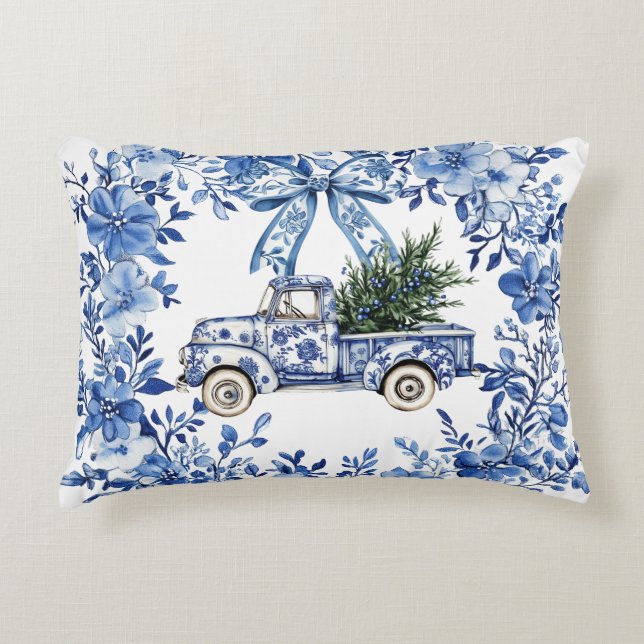 Chinoiserie Blue White Floral Christmas Truck Dekokissen (Vorderseite)