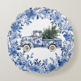 Chinoiserie Blue White Floral Christmas Truck Rundes Kissen