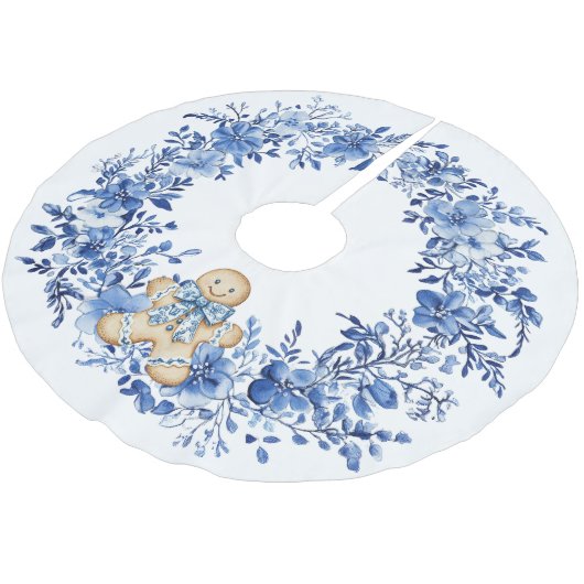 Chinoiserie Blue White Floral Gingerbrot Man Polyester Weihnachtsbaumdecke (Schrägansicht)