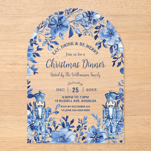 Chinoiserie Blue White Floral Nutcracker Weihnacht Acryleinladungen (Vorderseite)
