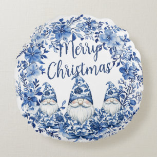 Chinoiserie Blue White Floral Weihnachtsgnomes Rundes Kissen
