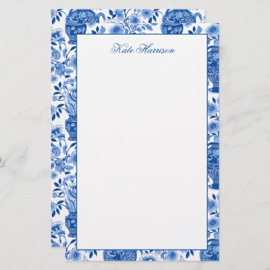 Chinoiserie Blue & White Ginger Jar Floral Vases Briefpapier (Vorne/Hinten)