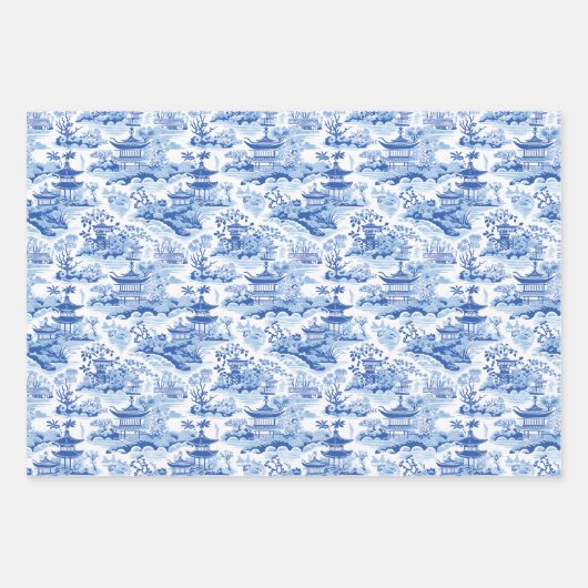 Chinoiserie Blue & White Pagodas Geschenkpapier Set (Vorderseite 3)