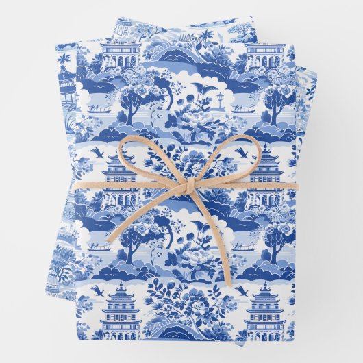 Chinoiserie Blue & White Pagodas Geschenkpapier Set (Beispiel)