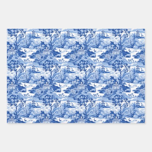 Chinoiserie Blue & White Pagodas Ginger Jars Birds Geschenkpapier Set (Vorderseite 3)