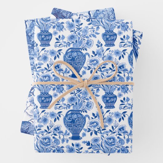 Chinoiserie Blue & White Pagodas Ginger Jars Birds Geschenkpapier Set (Beispiel)