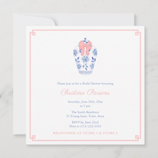 Chinoiserie Blue White Pink Polterabend Party Einladung (Vorderseite)