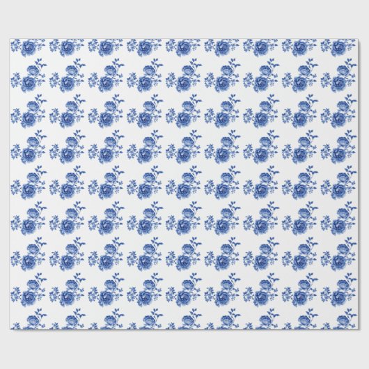 Chinoiserie Blue White Roses Blumenpapier Geschenkpapier (Flach)