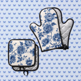 Chinoiserie Blue White Roses Ofenhandschuh & Topflappen-Set