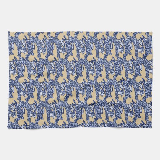 Chinoiserie Blue White Tan Rabbit Bunny Pattern Geschirrtuch (Horizontal)