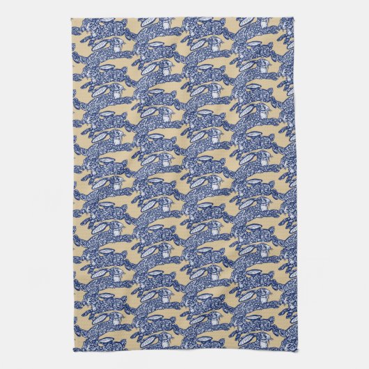 Chinoiserie Blue White Tan Rabbit Bunny Pattern Geschirrtuch (Vertikal)