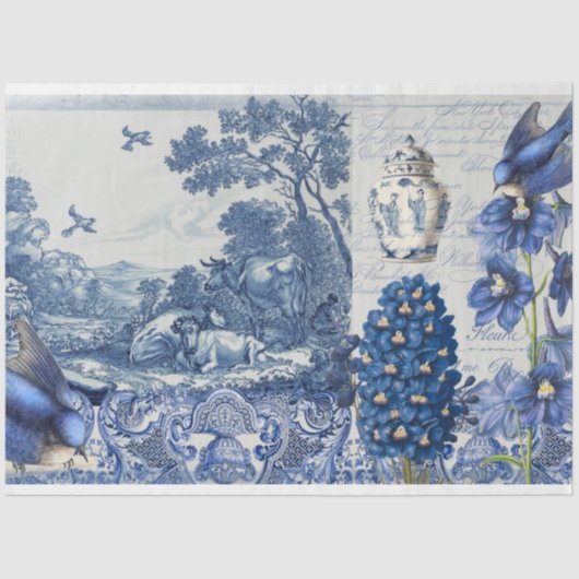 Chinoiserie Blue White Toile Blumenzellenschrift C Seidenpapier (Vorderseite)