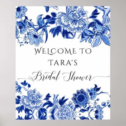 Chinoiserie Blue White Welcome Bird Foliage Bridal Poster (Vorne)