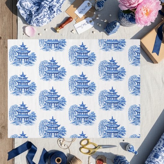 Chinoiserie Blue Willow Pagode Seidenpapier