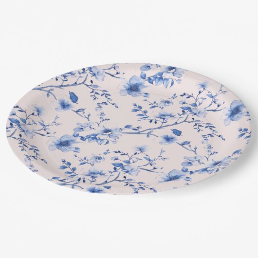 Chinoiserie-Blume in Blau und Rosa Pappteller (Schrägansicht)