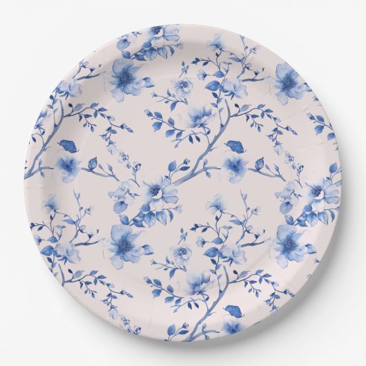 Chinoiserie-Blume in Blau und Rosa Pappteller (Vorderseite)