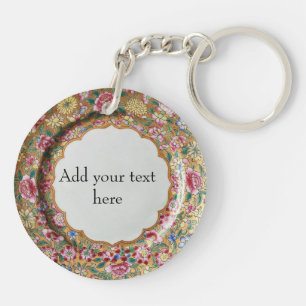 Chinoiserie-Blumen Gold Keramik Stil Personalisier Schlüsselanhänger