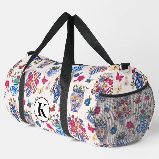 Chinoiserie-Blumen-Monogramm-Wochenendreise-Tasche Duffle Bag (Rechte Ecke)
