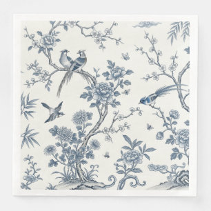 Chinoiserie Blumen-Vogel-Staubblau und Weiß Serviette