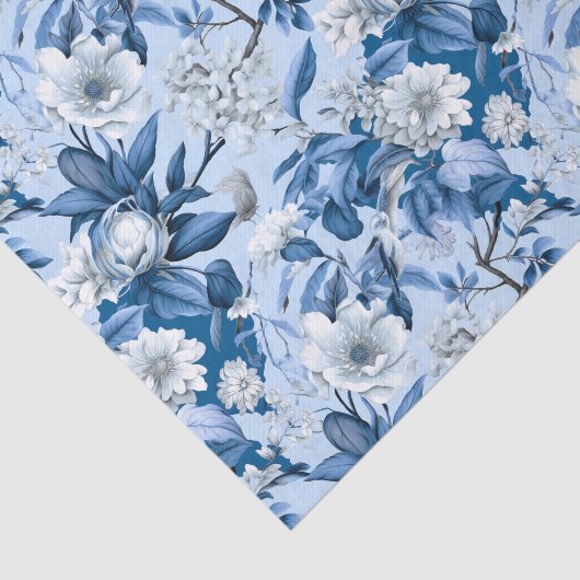 Chinoiserie Blumenblauer weißer Malerstil Seidenpapier (Ausschnitt)