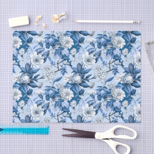 Chinoiserie Blumenblauer weißer Malerstil Seidenpapier (Handwerk)