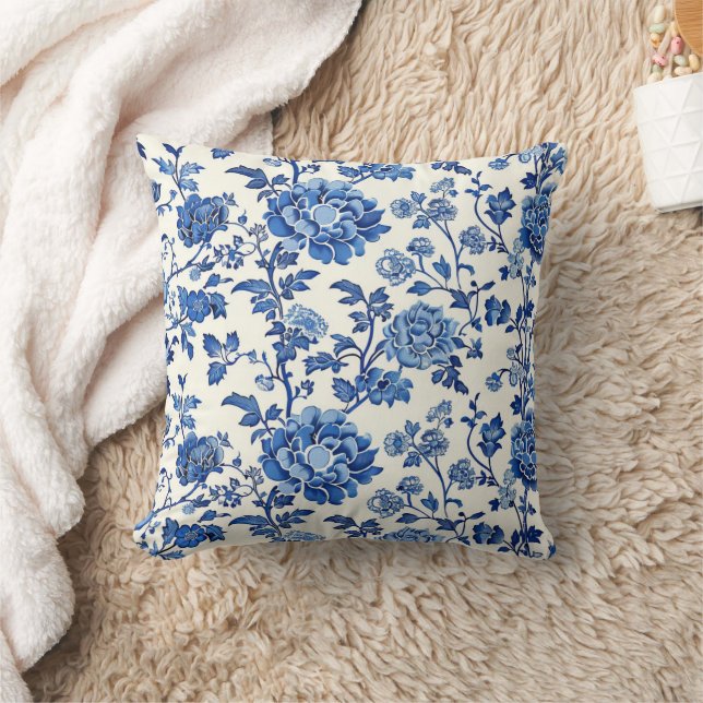 Chinoiserie Blumenmuster Serene Blue Blumen Kissen (Decke)