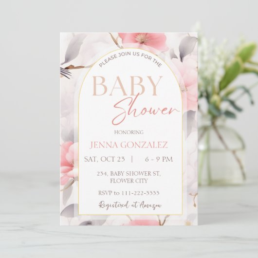 Chinoiserie Blush Girl Floral Baby Showroom Einladung (Stehend Vorderseite)