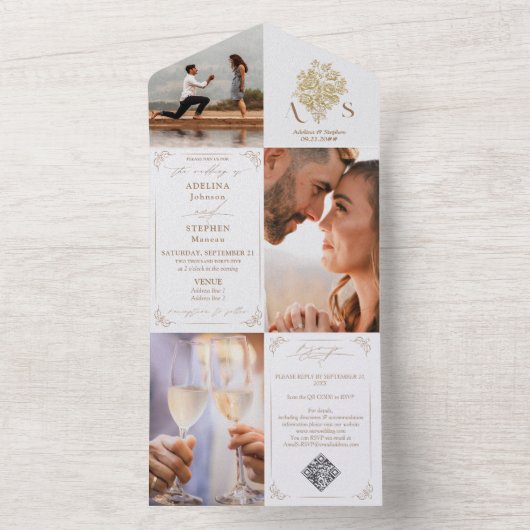 Chinoiserie Bouquet Gold 3 Foto QR Code Wedding All In One Einladung (Innen Boden)