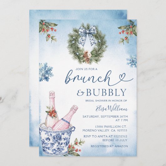 Chinoiserie Brunch und Bubbly Blue Brautparty Einladung (Vorne/Hinten)