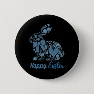 Chinoiserie Bunny Blue und White Happy Osterblau Button