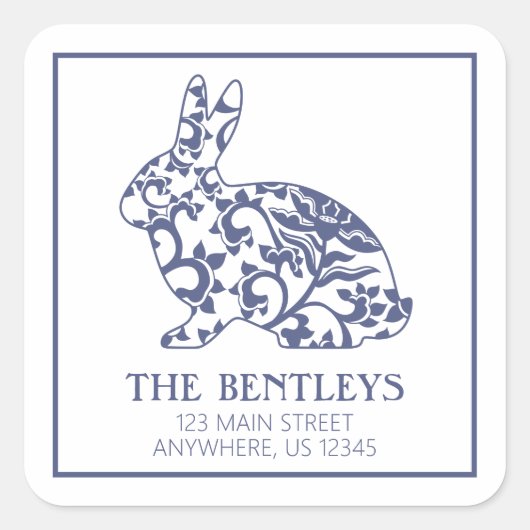 Chinoiserie Bunny Rabbit Rücksendeadressen-Aufkleb Quadratischer Aufkleber (Vorderseite)
