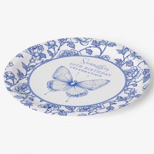 Chinoiserie Butterfly Geburtstagsplatte Pappteller (Schrägansicht)