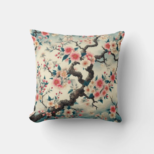 Chinoiserie Cherry Blossom Sakura Muster Kissen (Vorderseite)