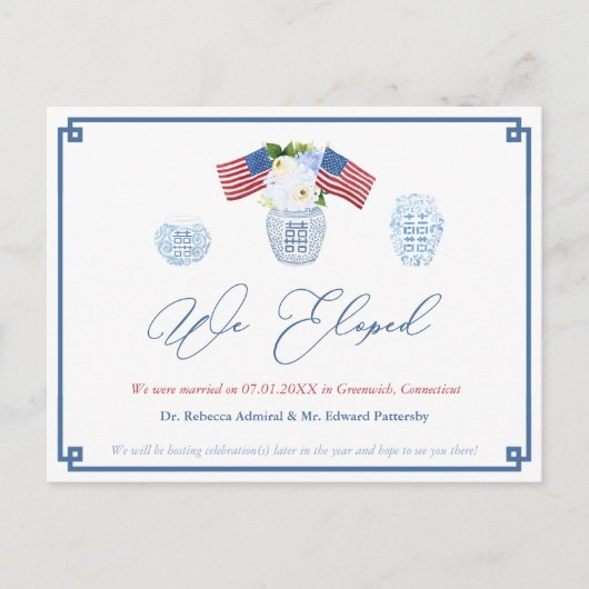 Chinoiserie Chic 4. Juli Hochzeitsfeier Ankündigungspostkarte (Vorderseite)