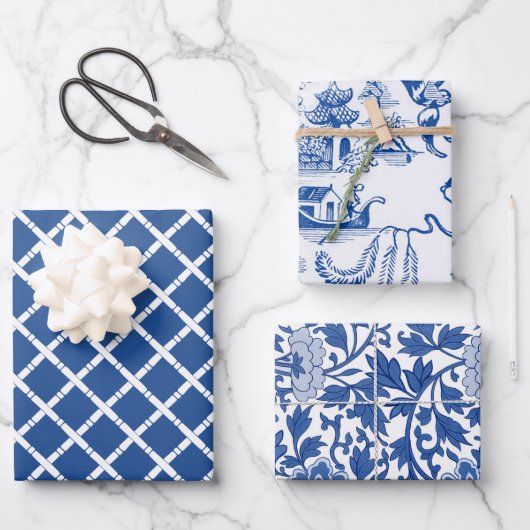 Chinoiserie Chic Bamboo | Blau und Weiß Geschenkpapier Set (Vorderseite)