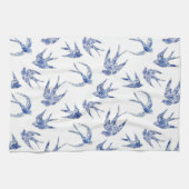 Chinoiserie Chic Bird Swallows Blue n White Mosaik Geschirrtuch (Horizontal)