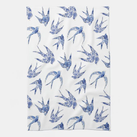 Chinoiserie Chic Bird Swallows Blue n White Mosaik Geschirrtuch (Vertikal)