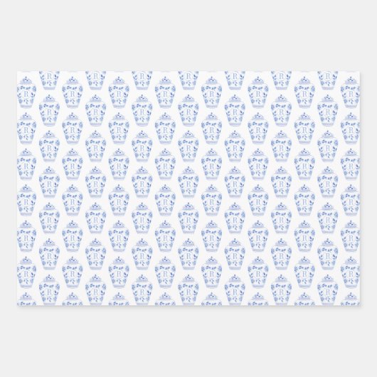 Chinoiserie Chic Blue & White Ginger Jar Monogram Geschenkpapier Set (Vorderseite 3)