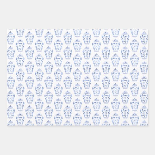 Chinoiserie Chic Blue & White Ginger Jar Monogram Geschenkpapier Set (Vorderseite)