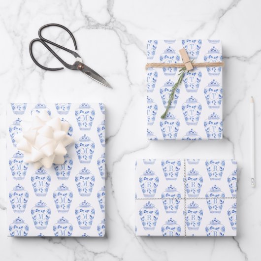 Chinoiserie Chic Blue & White Ginger Jar Monogram Geschenkpapier Set (Vorderseite)