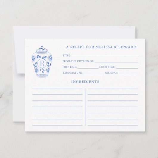 Chinoiserie Chic Blue White Monogram Rezept Card Einladung (Vorderseite)