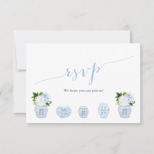 Chinoiserie Chic Blue & White Wedding RSVP Karte (Vorderseite)