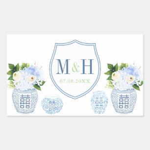 Chinoiserie Chic Blue & White Wedding Wappen Gefal Rechteckiger Aufkleber