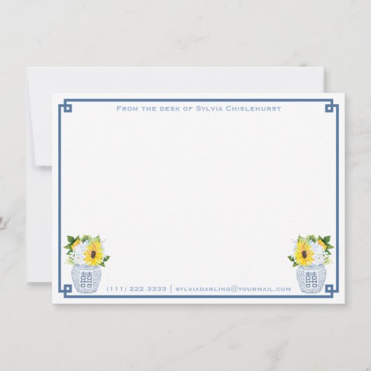 Chinoiserie Chic Ginger Jar Sunflowers Dusty Blue Dankeskarte (Vorderseite)