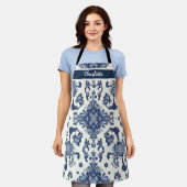Chinoiserie Chic Navy Blue Flower Ornament Pattern Schürze (Getragen)