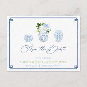 Chinoiserie Chic Navy Blue Green Save the Date Postkarte