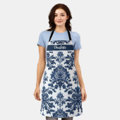 Chinoiserie Chic Navyblaue Blumenornamentmuster Schürze (Getragen)