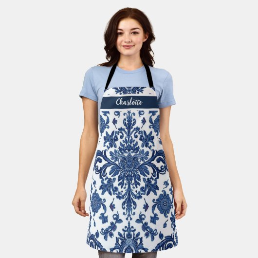 Chinoiserie Chic Navyblaue Blumenornamentmuster Schürze (Getragen)
