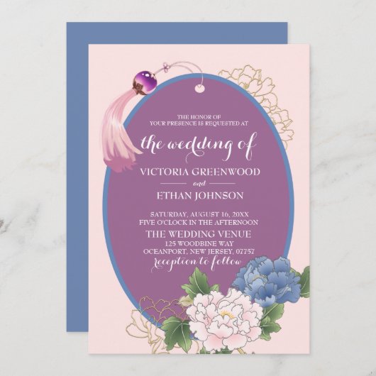 Chinoiserie Chic Peonies & Tassel Wedding Einladung (Vorne/Hinten)